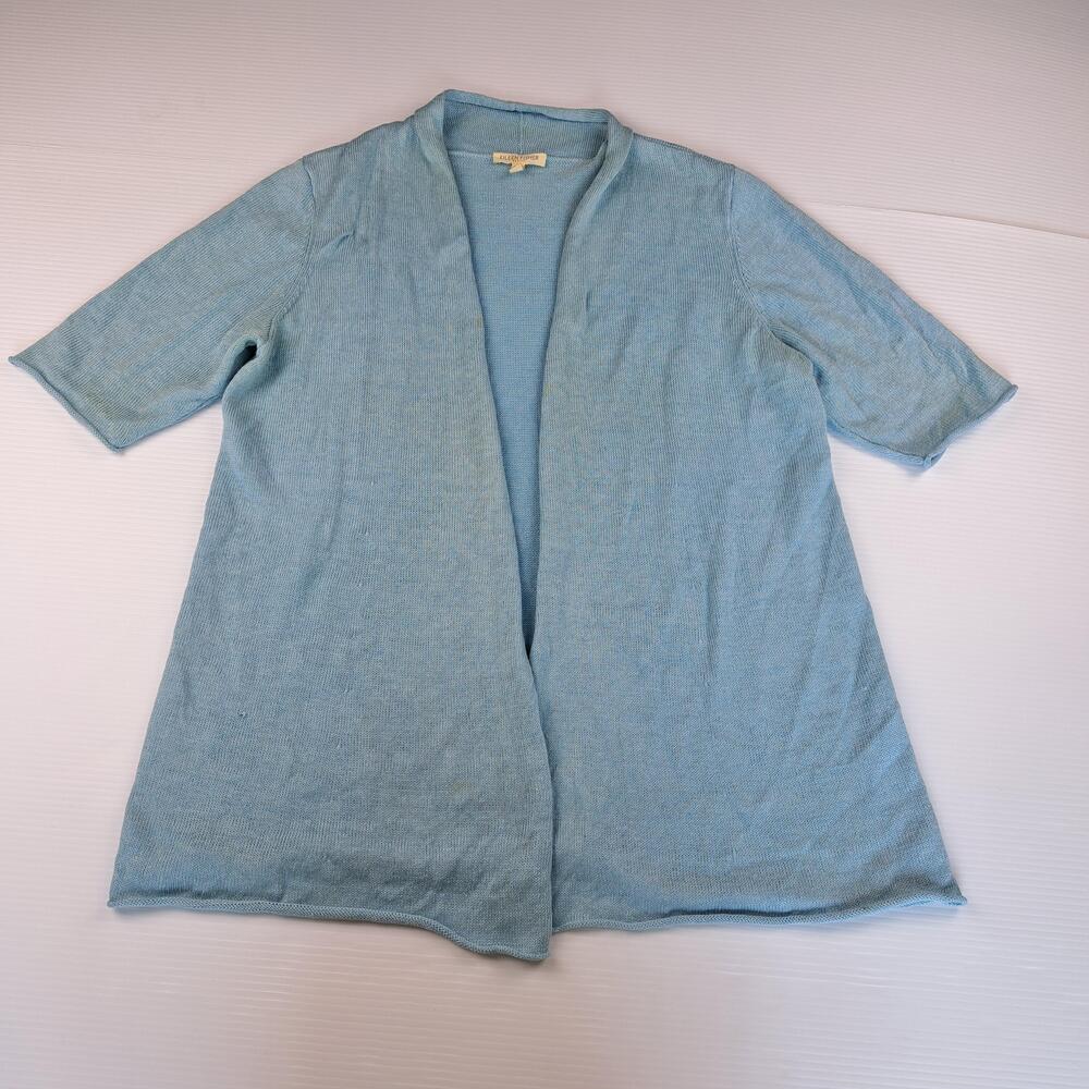 Eileen Fisher Sweater Womens Petite Large Blue 100% Linen Open Front Cardigan